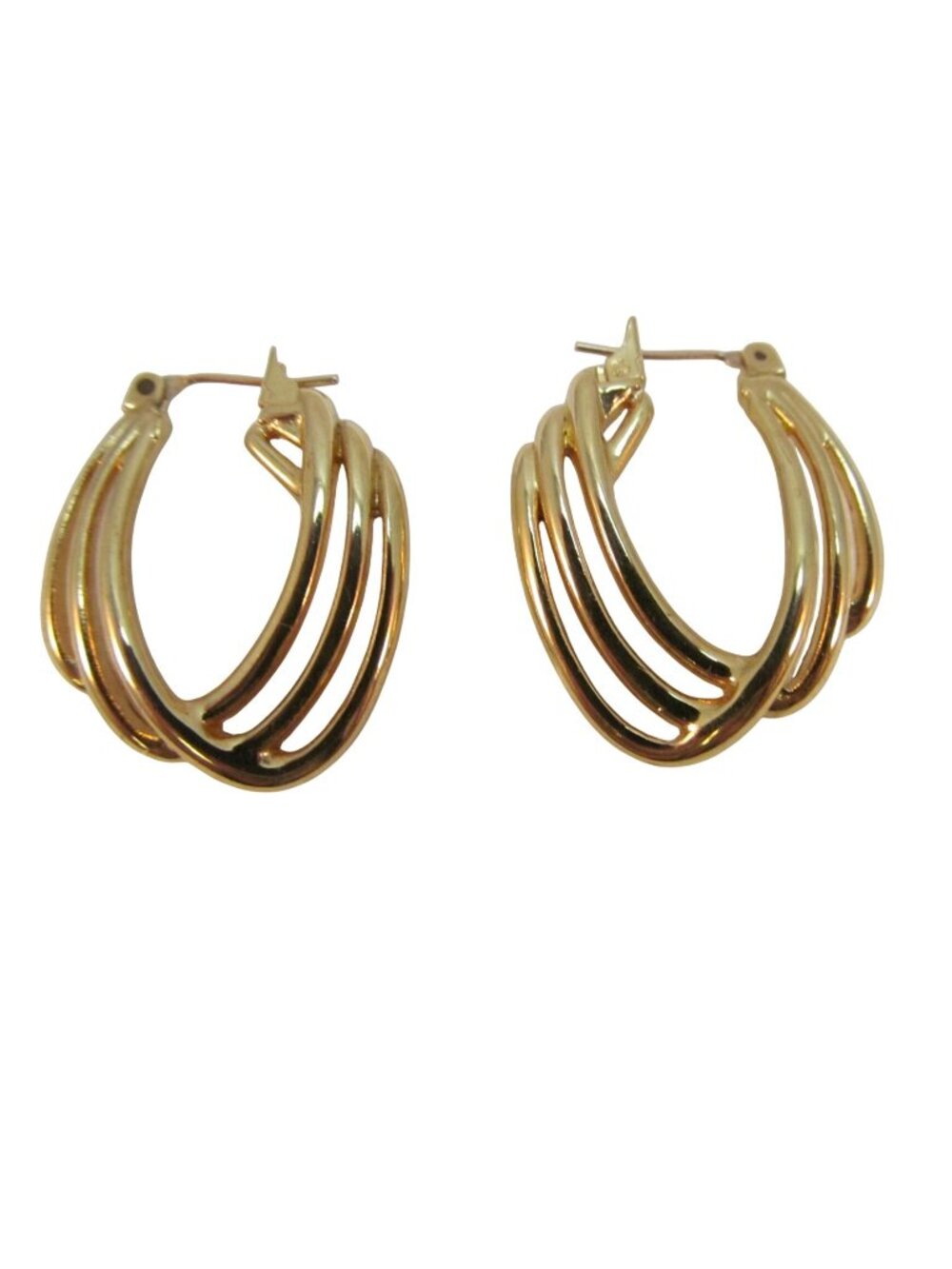 Vintage Signed Monet Gold Plated Triple Twist Oval Hoop Pierced Earrings